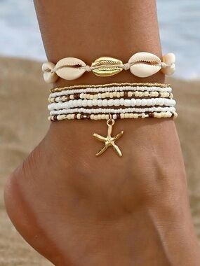 Anthropologie White & Gold Shell Anklet Stack